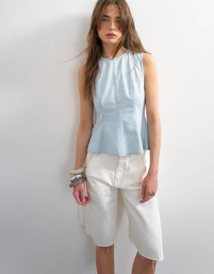 Top à basque en denim délavé à surpiqûres-Bleu 34