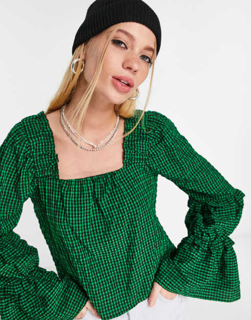 Topshop - Top à carreaux avec manches à volants étagés - Vert
