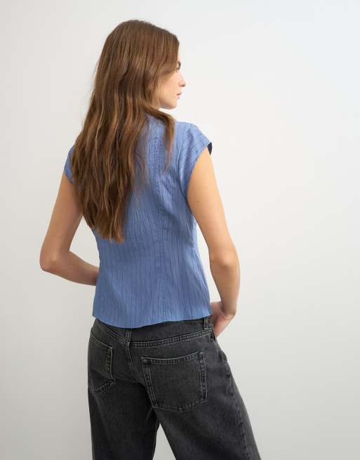Topshop top à col montant avec détail zippé à rayures bleu bleuet, 4 de 4