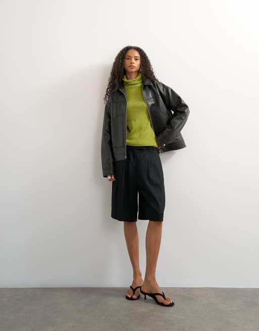 Topshop top a collo alto a doppio strato in misto lana trasparente verde, 2 di 4