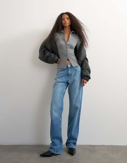 Topshop top a collo alto con bottoni, maniche lunghe e a coste in grigio mélange, 3 di 4