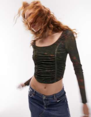 Topshop - Top a corsetto a maniche lunghe in rete multicolore a fiori