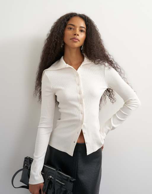 Topshop top a coste accollato con bottoni e maniche lunghe color crema, 1 di 4