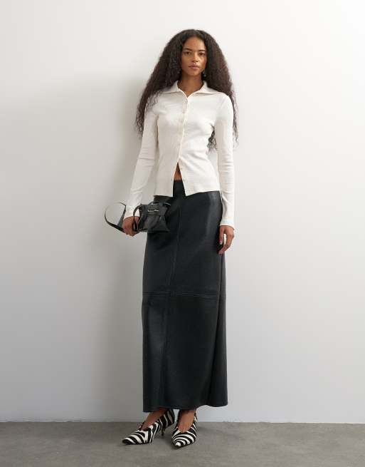 Topshop top a coste accollato con bottoni e maniche lunghe color crema, 3 di 4