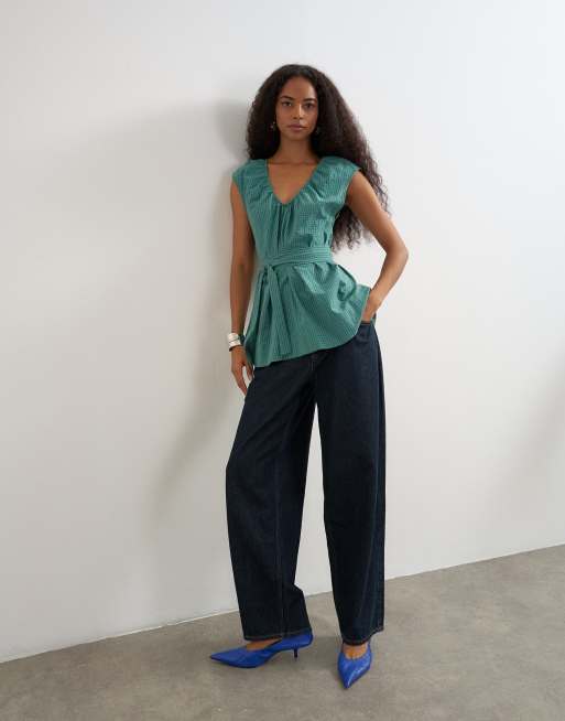 Topshop top à encolure froncée avec lien, à carreaux vert et bleu, 2 de 4