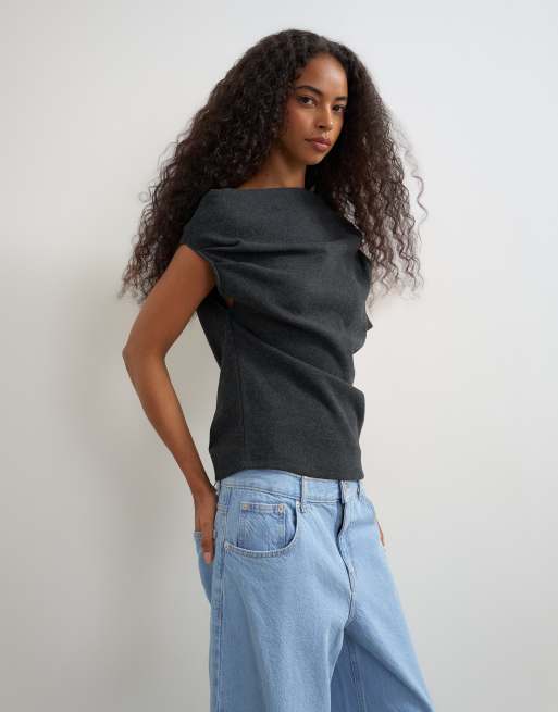 Topshop top à épaules tombantes toucher doux en charbon, 3 de 4