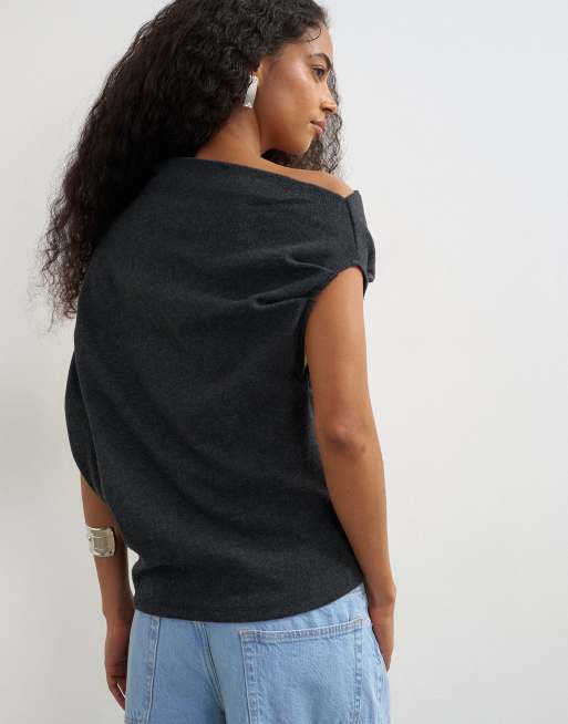 Topshop top à épaules tombantes toucher doux en charbon, 4 de 4