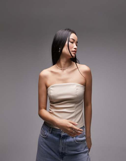 Topshop - Top a fascia beige in pelle sintetica