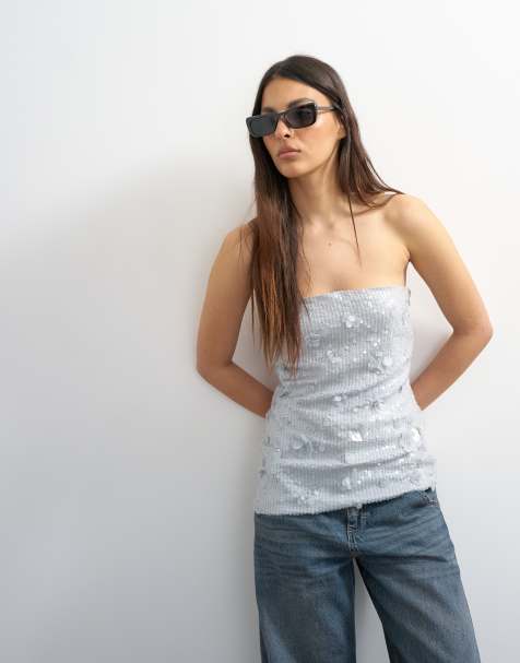 Topshop - Top a fascia con paillettes a fiori blu tenue - view 1