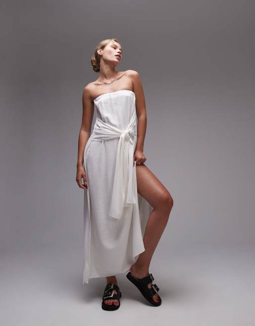 Topshop - Top a fascia in lino bianco allacciato sul davanti