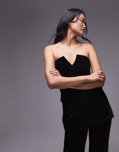 Topshop - Top a fascia stile bustino in velluto nero aperto sul retro - view 1