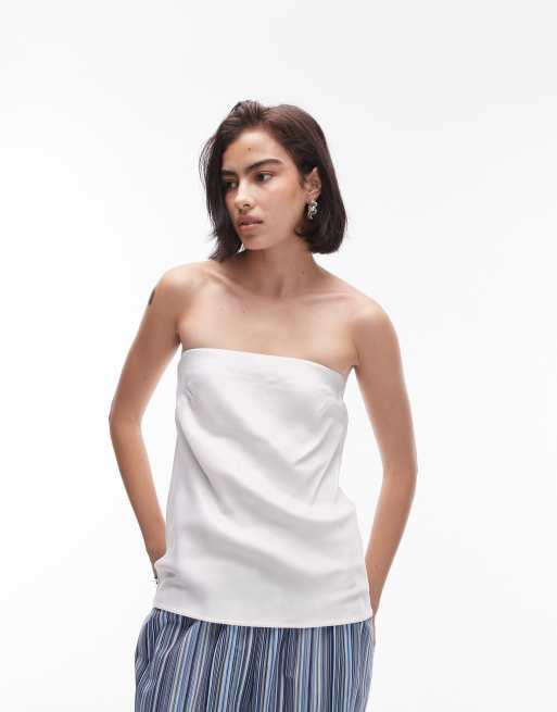 Topshop - Top a fascia taglio lungo in raso avorio
