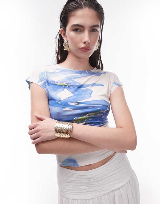 Topshop - Top à mancherons et imprimé aquarelle abstrait - Bleu