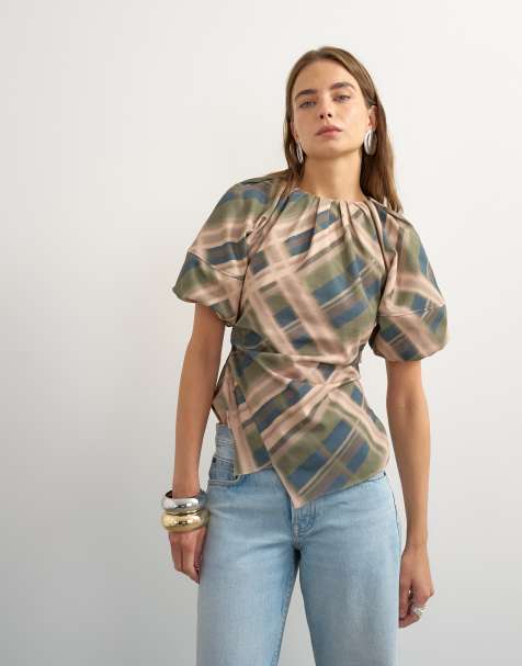 Topshop top à manches bouffantes avec détail d’ourlet portefeuille à carreaux vert - view 1