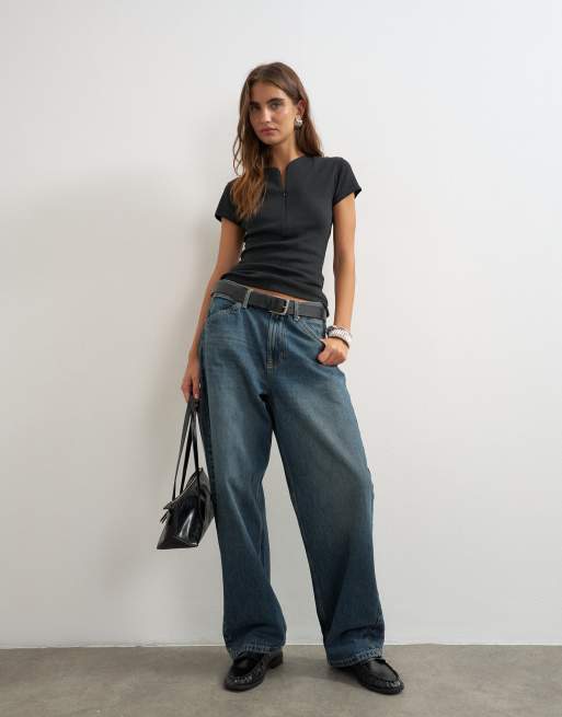 Topshop top à manches courtes côtelé à zip et col V noir, 3 de 4