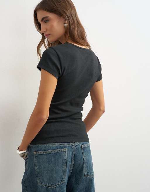 Topshop top à manches courtes côtelé à zip et col V noir, 4 de 4