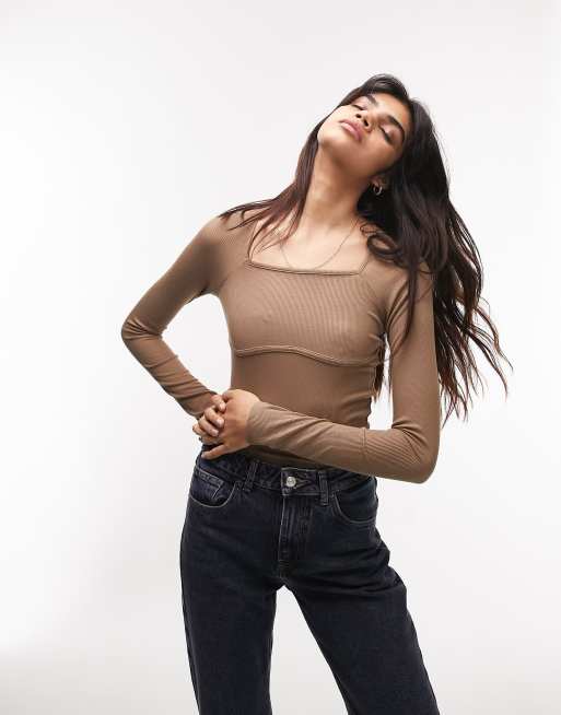 Topshop - Top à manches longues avec encolure carrée et surpiqûres - Neutre