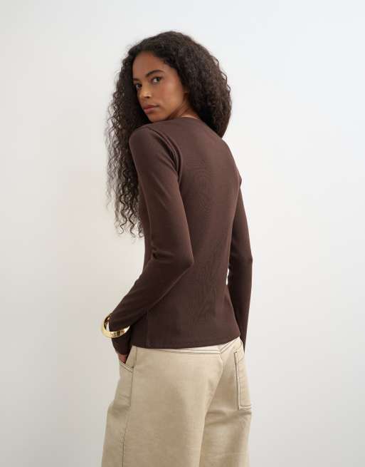 Topshop top à manches longues boutonné couleur chocolat, 4 de 4