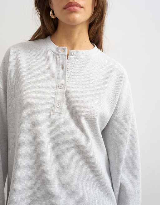 Topshop top à manches longues en maille gaufrée col henley gris chiné, 4 de 8