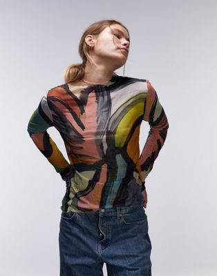 Topshop abstract art crinkle high neck long sleeve top in multi - ASOS Price Checker