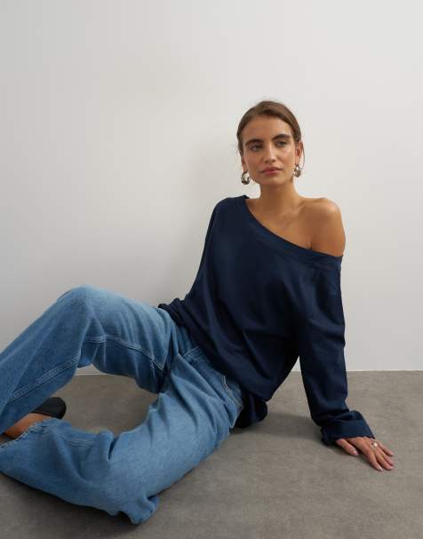 Topshop top à manches longues et épaules tombantes bleu marine - view 1