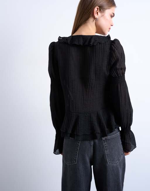 Topshop - Top à manches longues et volants noué devant - Noir, 2 de 4