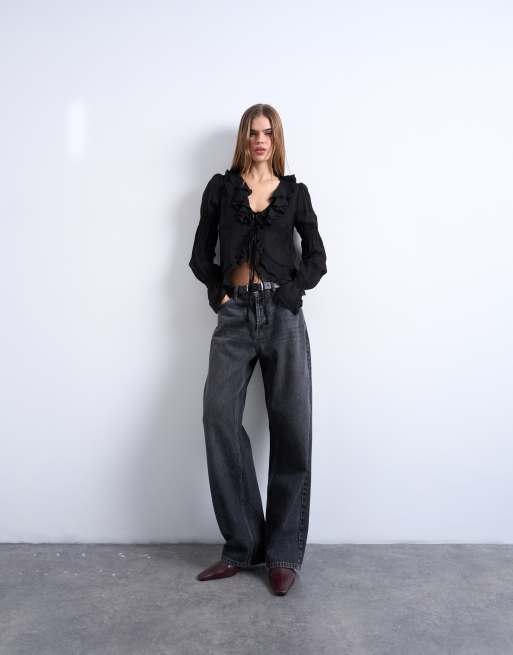 Topshop - Top à manches longues et volants noué devant - Noir, 3 de 4