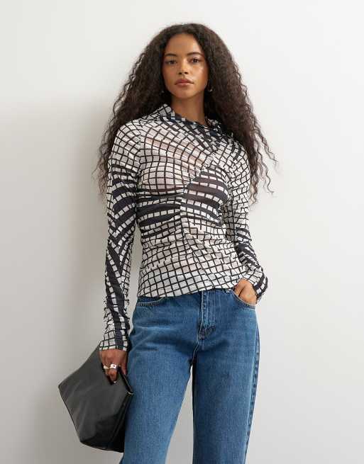Topshop top à manches longues froncé à carreaux noir, 3 de 4