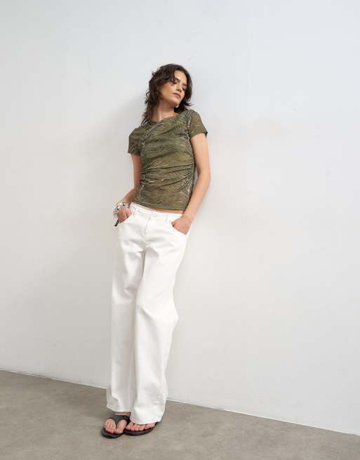 Topshop - Top a maniche corte avvolgente arricciato in rete verde, 3 di 4