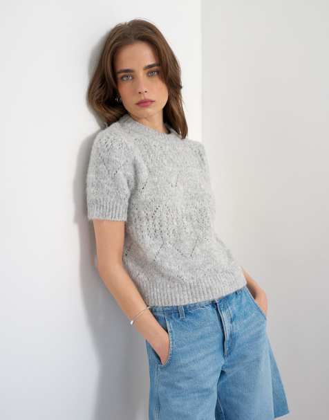 Topshop - Top a maniche corte comodo in maglia grigio chiaro - view 1