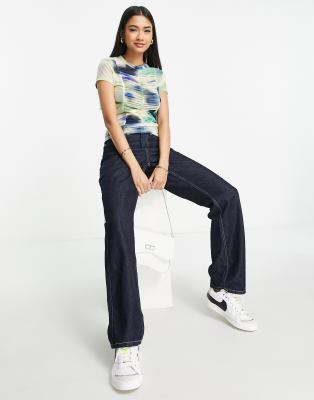 Top a maniche corte in rete con stampa a fiori sfocata-Multicolore - Topshop T-shirt donna  - immagine3