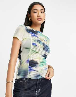 Top a maniche corte in rete con stampa a fiori sfocata-Multicolore - Topshop T-shirt donna  - immagine2