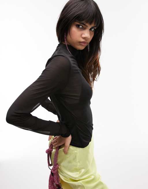 Topshop - Top a maniche lunghe accollato in rete nera