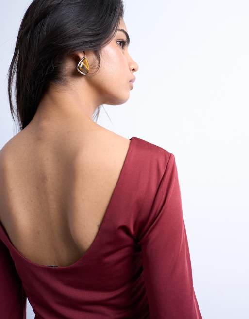 Topshop - Top a maniche lunghe aderente rosso scuro con scollo rotondo sul retro, 3 di 4