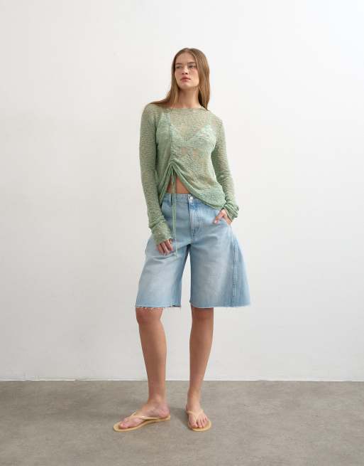 Topshop - Top a maniche lunghe arricciato in maglia verde salvia, 2 di 4