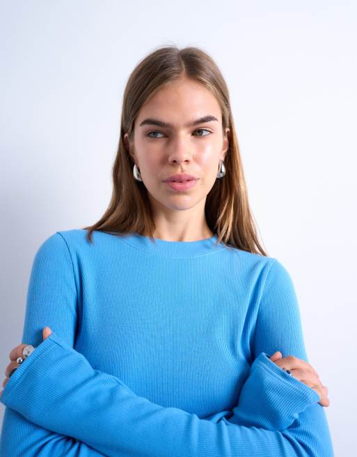 Topshop - Top a maniche lunghe blu a coste con fondo arrotondato, 2 di 4
