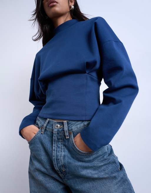 Topshop - Top a maniche lunghe blu navy in interlock stile corsetto in vita, 4 di 4