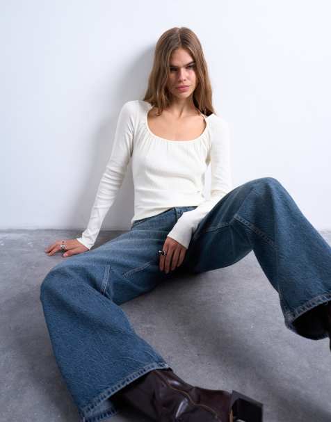 Topshop - Top a maniche lunghe color avorio a coste con scollo rotondo e laccio sul collo - view 1