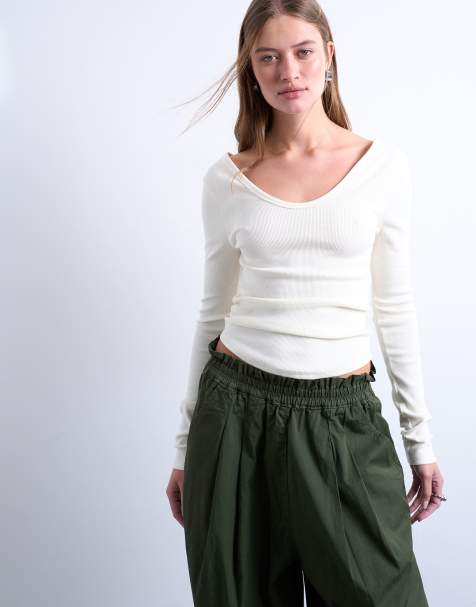Topshop - Top a maniche lunghe color écru a coste con scollo a V e orlo arrotondato - view 1