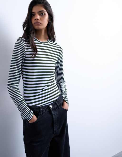 Topshop - Top a maniche lunghe color kaki a righe a contrasto