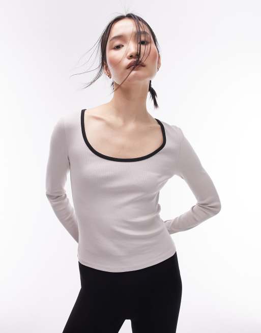 Topshop - Top a maniche lunghe color pietra a contrasto