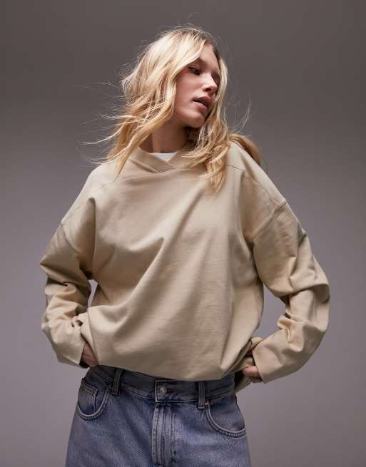 Topshop - Top a maniche lunghe color pietra premium stile rugby con scollo a V e cuciture a vista