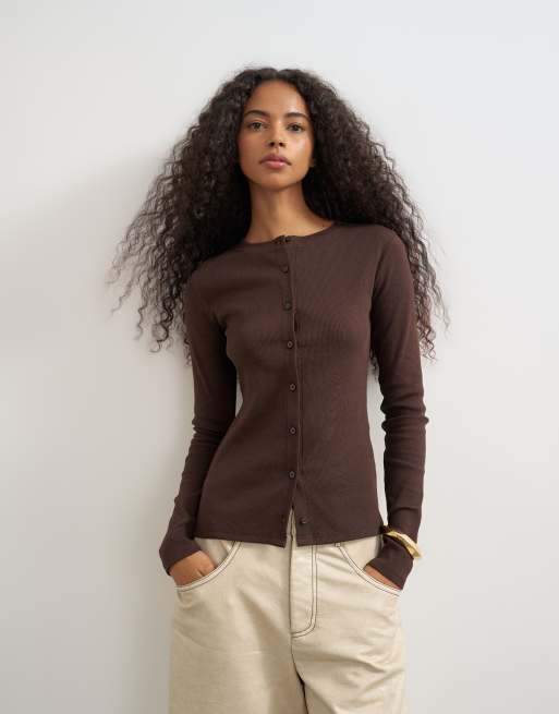 Topshop top a maniche lunghe con bottoni, color cioccolato, 2 di 4