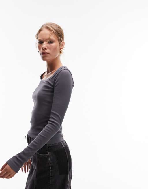 Topshop - Top a maniche lunghe con scollo quadrato color ardesia