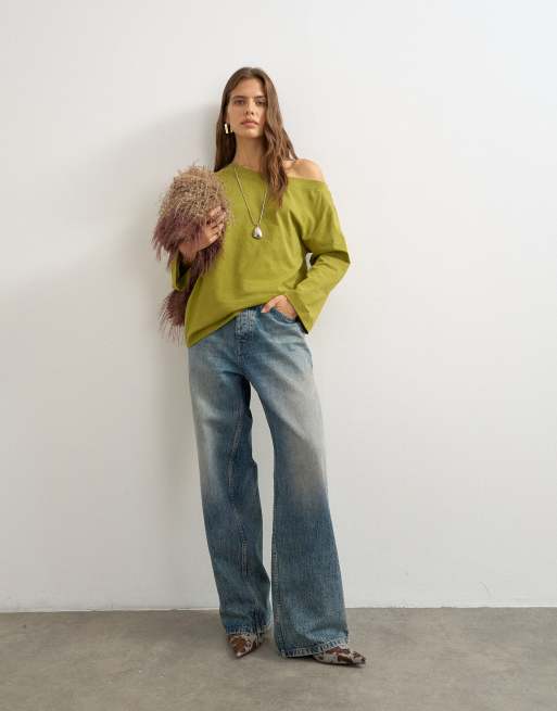 Topshop top a maniche lunghe con spalla scesa verde muschio, 3 di 4