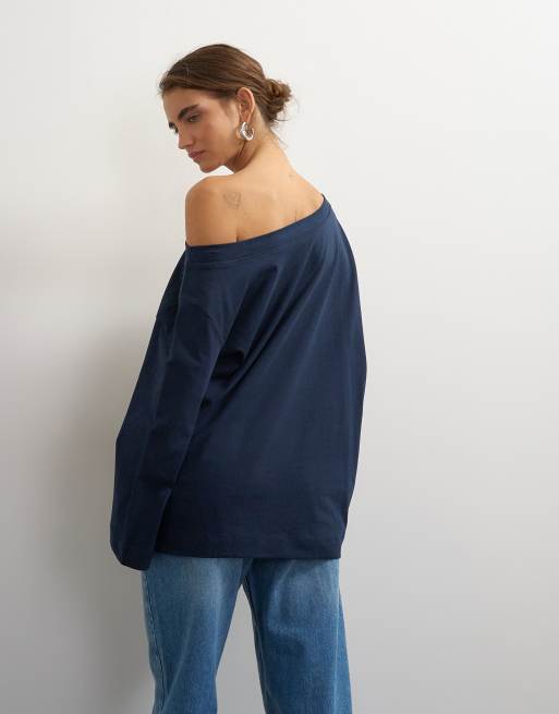 Topshop top a maniche lunghe con spalle scese blu navy, 2 di 4