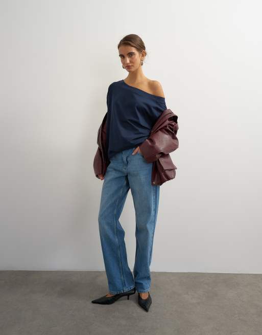 Topshop top a maniche lunghe con spalle scese blu navy, 4 di 4