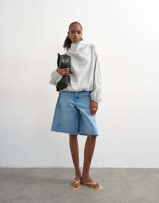Topshop - Top a maniche lunghe grigio con fondo elasticizzato e cuciture a vista, 2 di 4