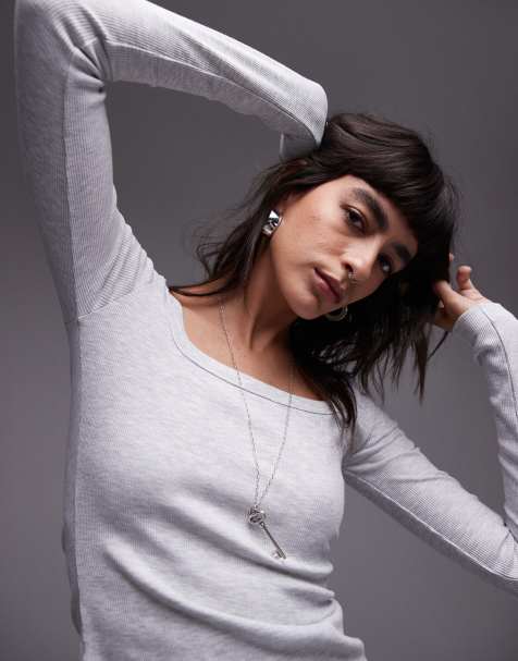 Topshop - Top a maniche lunghe grigio mélange con scollo squadrato - view 1