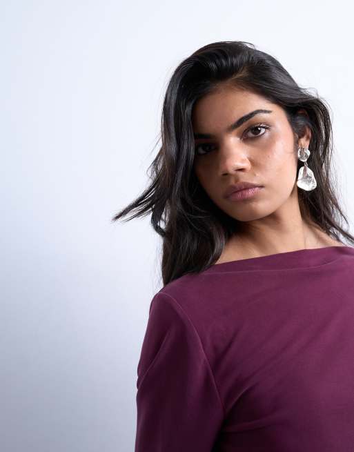 Topshop - Top a maniche lunghe in cupro bordeaux con arricciatura laterale, 3 di 4